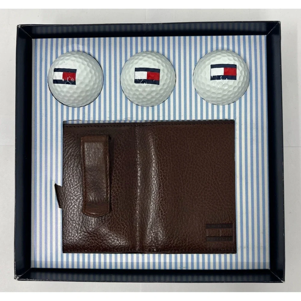 Tommy Hilfiger Gift Box 3 Golf Balls&Leather Card Holder with Logo Brown VTG NWT